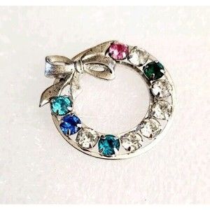 Vintage Tru Kay Sterling Silver Pin Wreath Multicolor Rhinestone Gems Brooch 5g